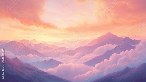 A stunning pink and orange sunset paints the sky above fluffy clouds and majestic mountains, creating a serene landscape perfect for tranquil moments. Ample copy space available.