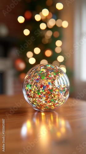A sparkling glass globe filled with colorful confetti, creating a festive atmosphere against a blurred background.