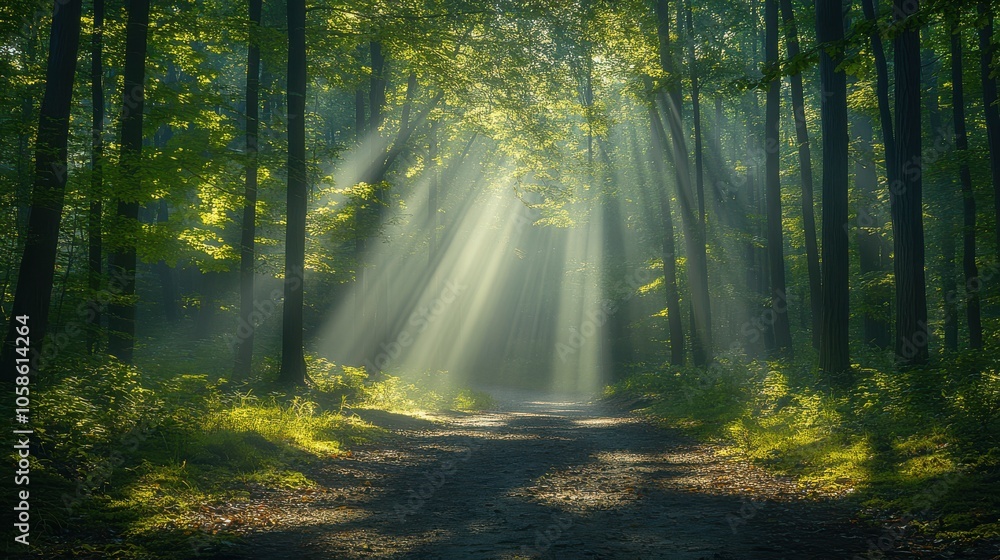Forest Road Illuminated by Sunrays Forest Road Illuminated by Sunrays