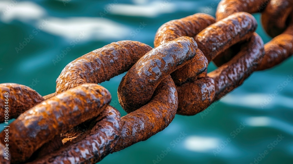Close Up of Rusted Chain Against Blue Water Close Up of Rusted Chain Against Blue Water