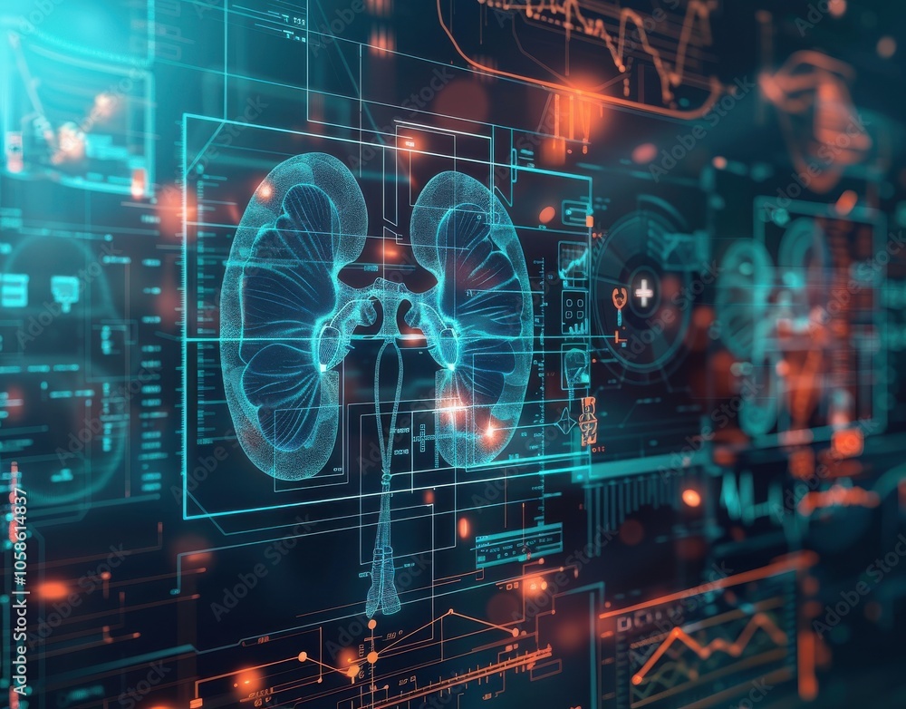kidney testing results on digital interface on laboratory or surgical background, innovative technology in science and medicine concept. medical technology kidney testing results on digital interface on laboratory or surgical background, innovative technology in science and medicine concept. medical technology