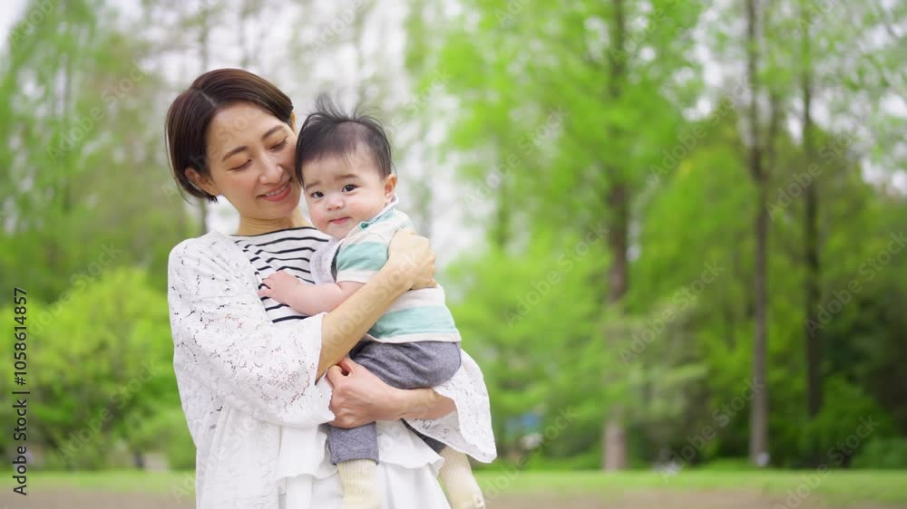 生後6ヶ月の赤ちゃんを抱っこする30代女性 生後6ヶ月の赤ちゃんを抱っこする30代女性