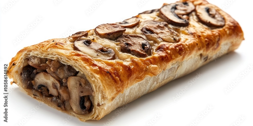 A Swiss roll filled with mushrooms showcased against a white backdrop, emphasizing the delightful combination of flavors found in the mushroom Swiss roll. A Swiss roll filled with mushrooms showcased against a white backdrop, emphasizing the delightful combination of flavors found in the mushroom Swiss roll.