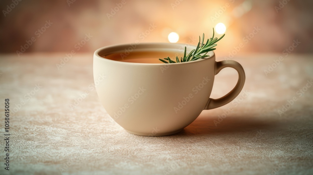 A plain, matte ceramic cup of chai tea, with a single sprig of rosemary, resting on a smooth, neutral-colored surface with a gentle glow of festive lighting. A plain, matte ceramic cup of chai tea, with a single sprig of rosemary, resting on a smooth, neutral-colored surface with a gentle glow of festive lighting.