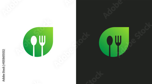 Natural health food logo design template. Vegetarian food. Leaf logo with spoon fork icon design graphic vector. 