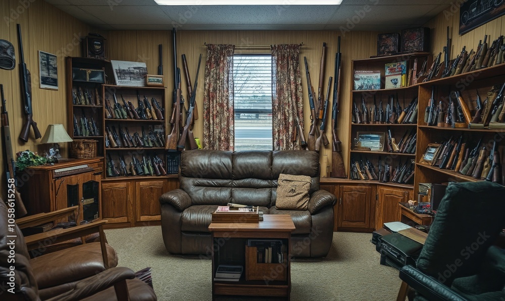 Leather couch, shelves filled with guns, wooden cabinets. Leather couch, shelves filled with guns, wooden cabinets.