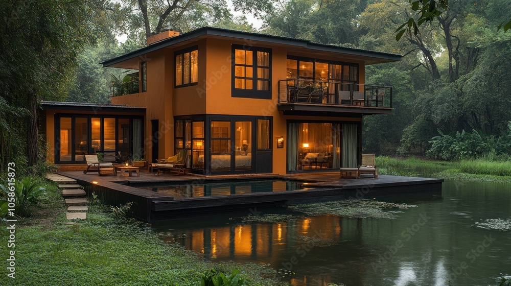 Modern house by a serene water body surrounded by lush greenery. Modern house by a serene water body surrounded by lush greenery.