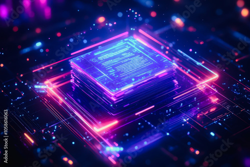 A vibrant and futuristic representation of data networks, featuring floating documents illuminated by neon lights, symbolizing advanced technology and digital innovation.