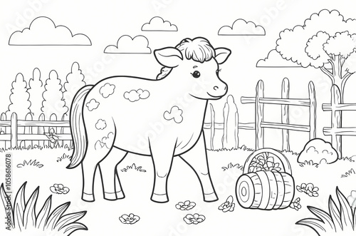 Creative coloring page Farm animals and rural landscape coloring for adults