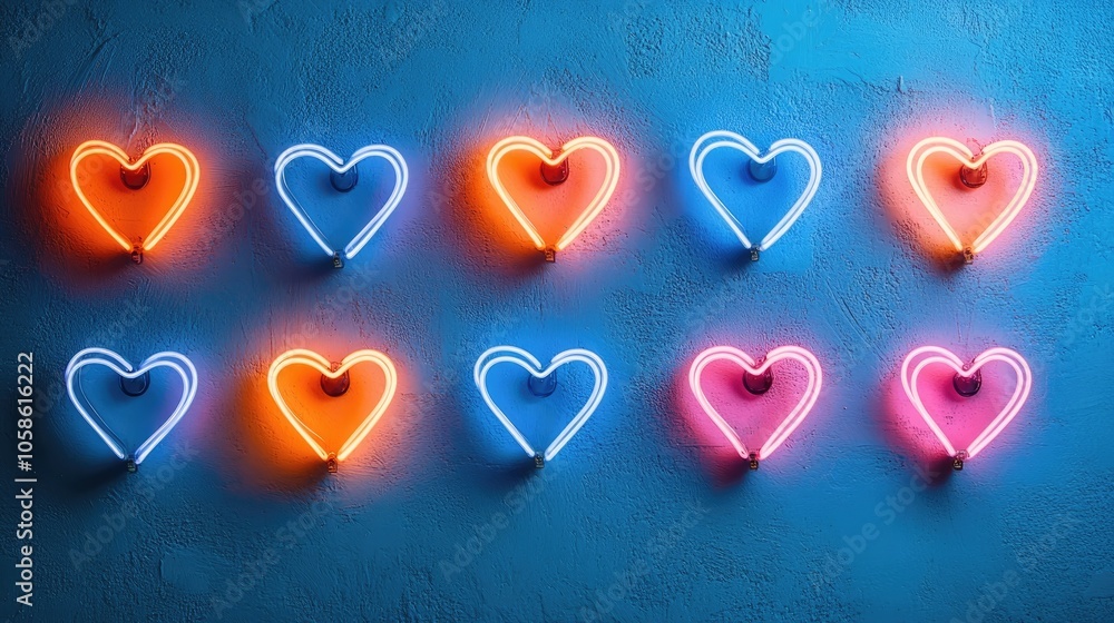 Neon hearts illuminate a blue wall, creating a vibrant love and dating concept. This playful display of neon hearts adds a modern touch with ample photo style copy space. Neon hearts illuminate a blue wall, creating a vibrant love and dating concept. This playful display of neon hearts adds a modern touch with ample photo style copy space.