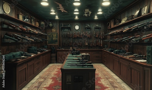 A gun room with shelves and a display table. photo