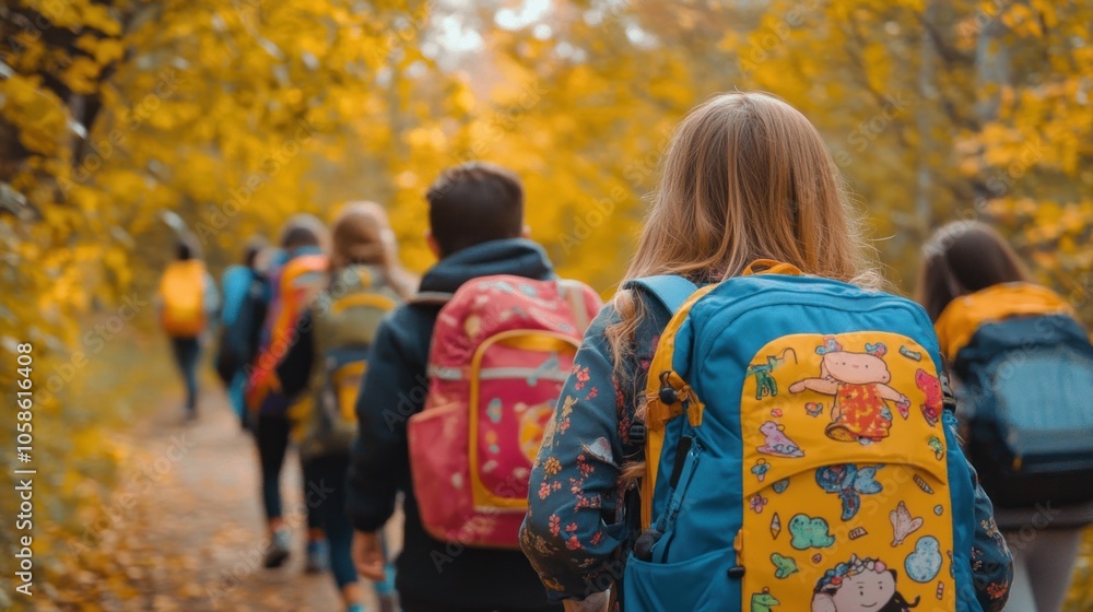 A group of children walking on a path surrounded by autumn foliage, carrying colorful backpacks. A group of children walking on a path surrounded by autumn foliage, carrying colorful backpacks.