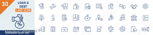 Loan and Debt line icon set. Set of 30 outline icons related to loan and debt, money, credit, leasing, interest, calculator, income, banking and others. Editable stroke. Vector illustration.