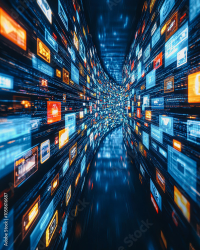 Experience a stunning abstract digital landscape featuring cascading streams of vibrant visuals and technology. This artwork captures a futuristic essence.