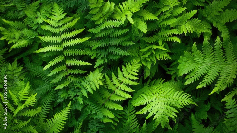 Aerial view of lush forest ferns creating a rich foliage background, perfect for nature-themed projects with ample copy space for text and designs. Aerial view of lush forest ferns creating a rich foliage background, perfect for nature-themed projects with ample copy space for text and designs.