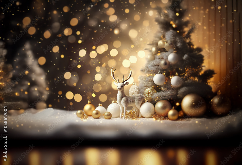 Fototapeta premium A white reindeer figurine stands in front of a decorated Christmas tree with golden and white ornaments against a background of twinkling lights and falling snow.