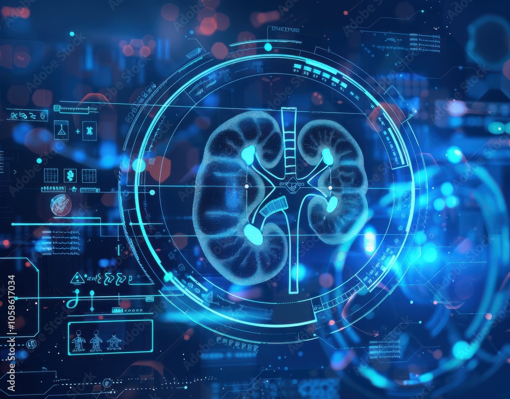 kidney testing results on digital interface on laboratory or surgical background, innovative technology in science and medicine concept. medical technology kidney testing results on digital interface on laboratory or surgical background, innovative technology in science and medicine concept. medical technology