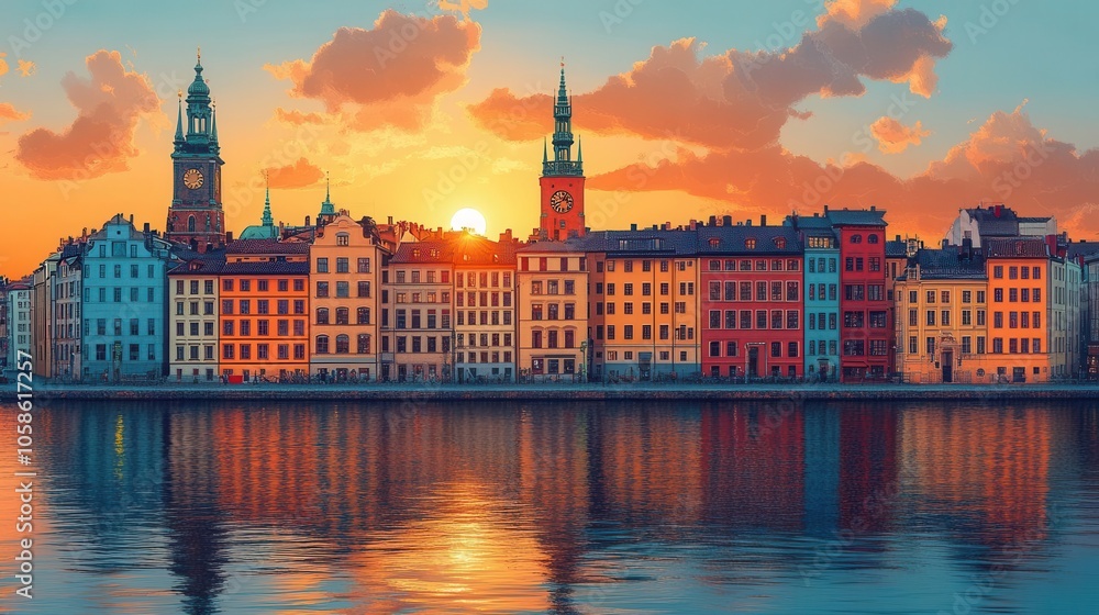 Obraz premium charming set of posters showcasing iconic european cities, featuring stylized illustrations of landmarks like oslo, stockholm, brussels, and rome in a vibrant, artistic style