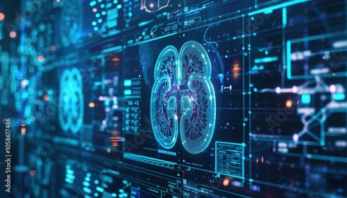 kidney testing results on digital interface on laboratory or surgical background, innovative technology in science and medicine concept. medical technology