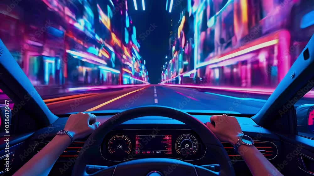 Driving at night through a city with neon lights. Driving at night through a city with neon lights.