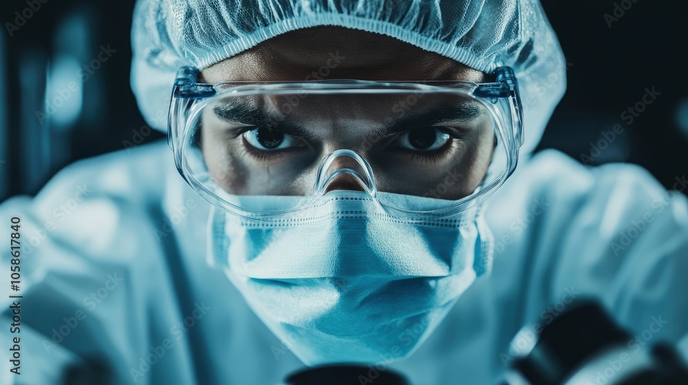Close-up of a Scientist Wearing Protective Gear in a Laboratory Close-up of a Scientist Wearing Protective Gear in a Laboratory