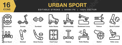 Urban Sport icon set. Editable Stroke Icon Collection. Includes basket, dumbell, field futsal, hover board, parkour, and More. Outline icons vector collection.