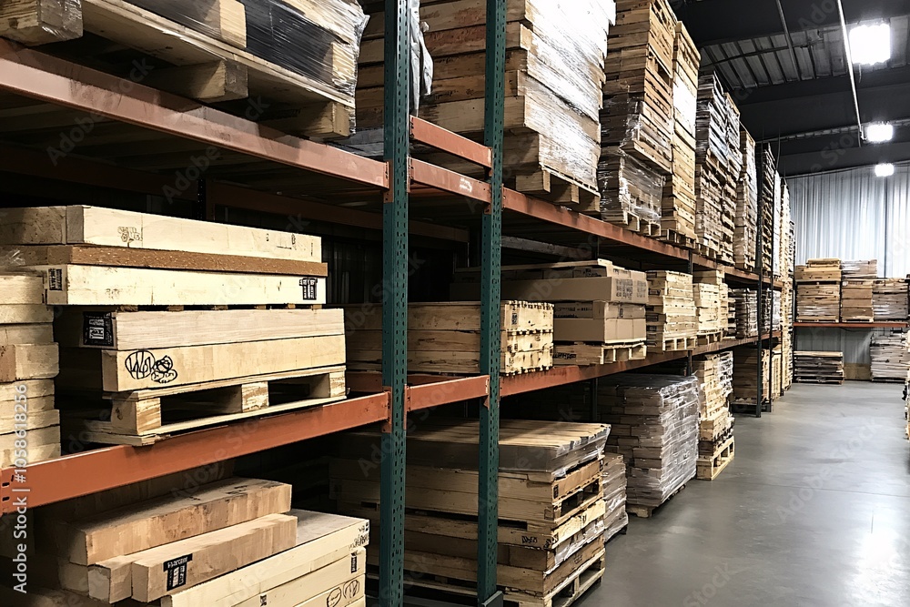 Wooden pallets stored neatly in a warehouse with organized shelving in a dimly lit industrial setting Wooden pallets stored neatly in a warehouse with organized shelving in a dimly lit industrial setting