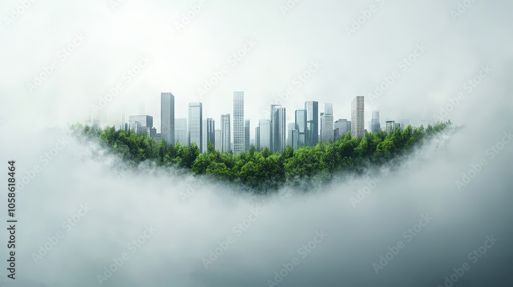 Urban Skyline Emerging from Lush Green Forest Urban Skyline Emerging from Lush Green Forest