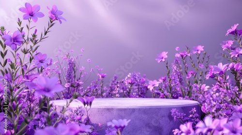 Abstract floral background featuring a purple Podium, AI generated image