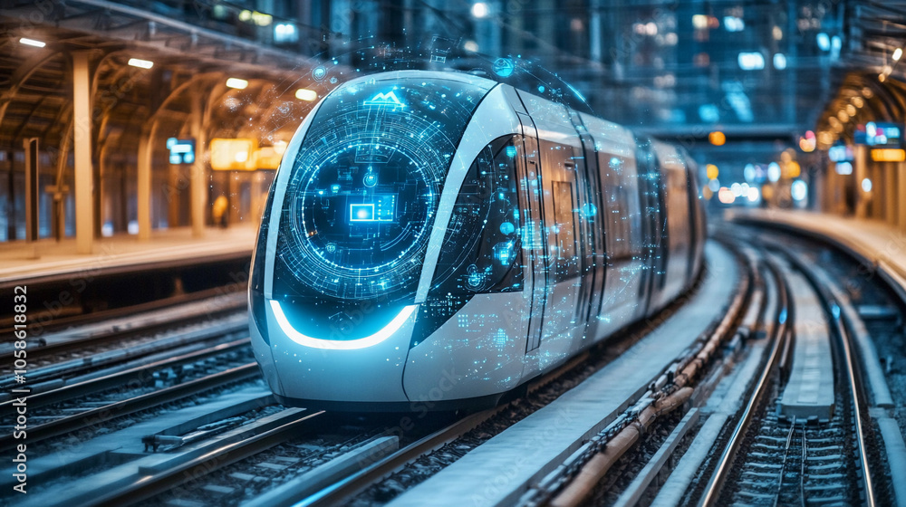 Fototapeta premium Futuristic train design with digital elements at a modern railway station during nighttime