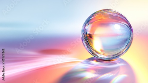 A colorful glass sphere reflecting light on a smooth surface.