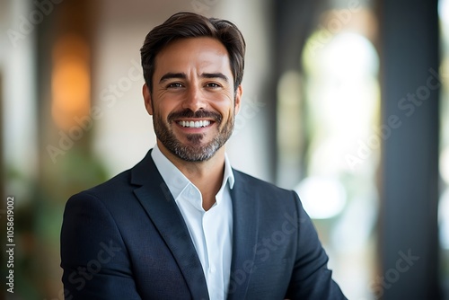 Confident Businessman in Blue Suit, Smiling and Ready for Success