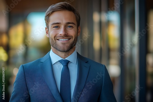 Confident Businessman in Blue Suit, White Shirt and Tie Headshot