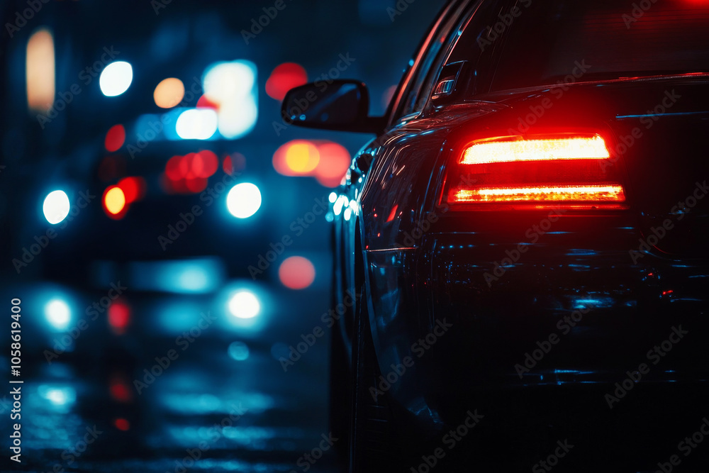 Rear view of modern car with illuminated tail lights at night. Vehicle with with glowing lights on city street Rear view of modern car with illuminated tail lights at night. Vehicle with with glowing lights on city street