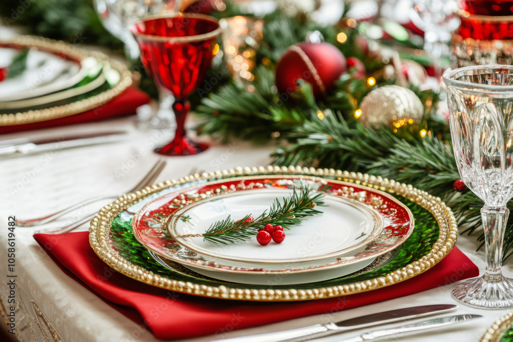 Close-up of Christmas table setting with decorative holiday plates, glassware and festive ornaments Close-up of Christmas table setting with decorative holiday plates, glassware and festive ornaments