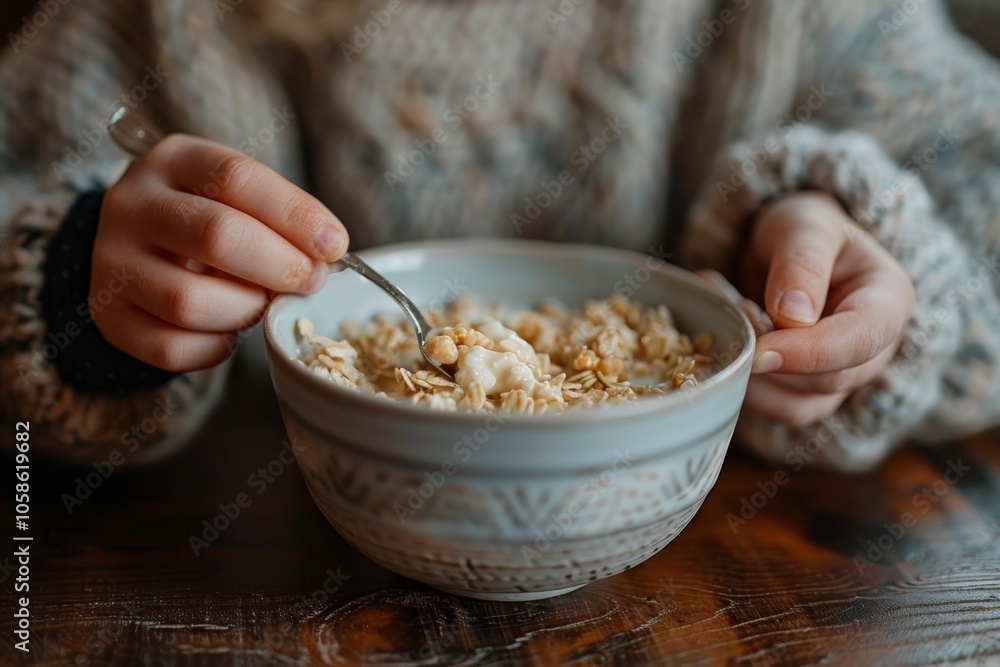 child eating cereal at a simple table child eating cereal at a simple table