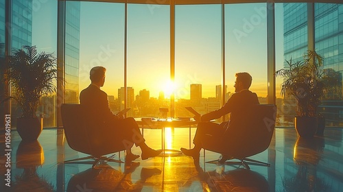 Business Meeting with a City Skyline View at Sunset