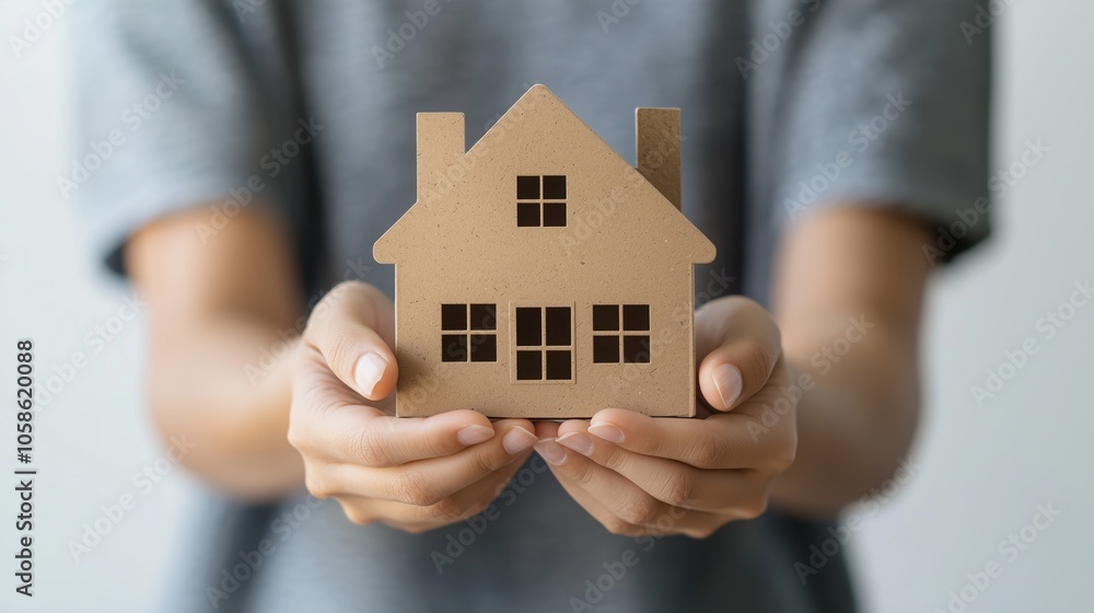 A person holds a small cardboard house model in their hands, showcasing a thoughtful moment of home ownership aspirations indoors A person holds a small cardboard house model in their hands, showcasing a thoughtful moment of home ownership aspirations indoors