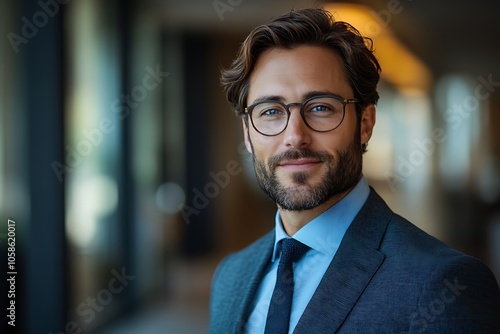 Confident Businessman in Glasses and White Shirt Smiling