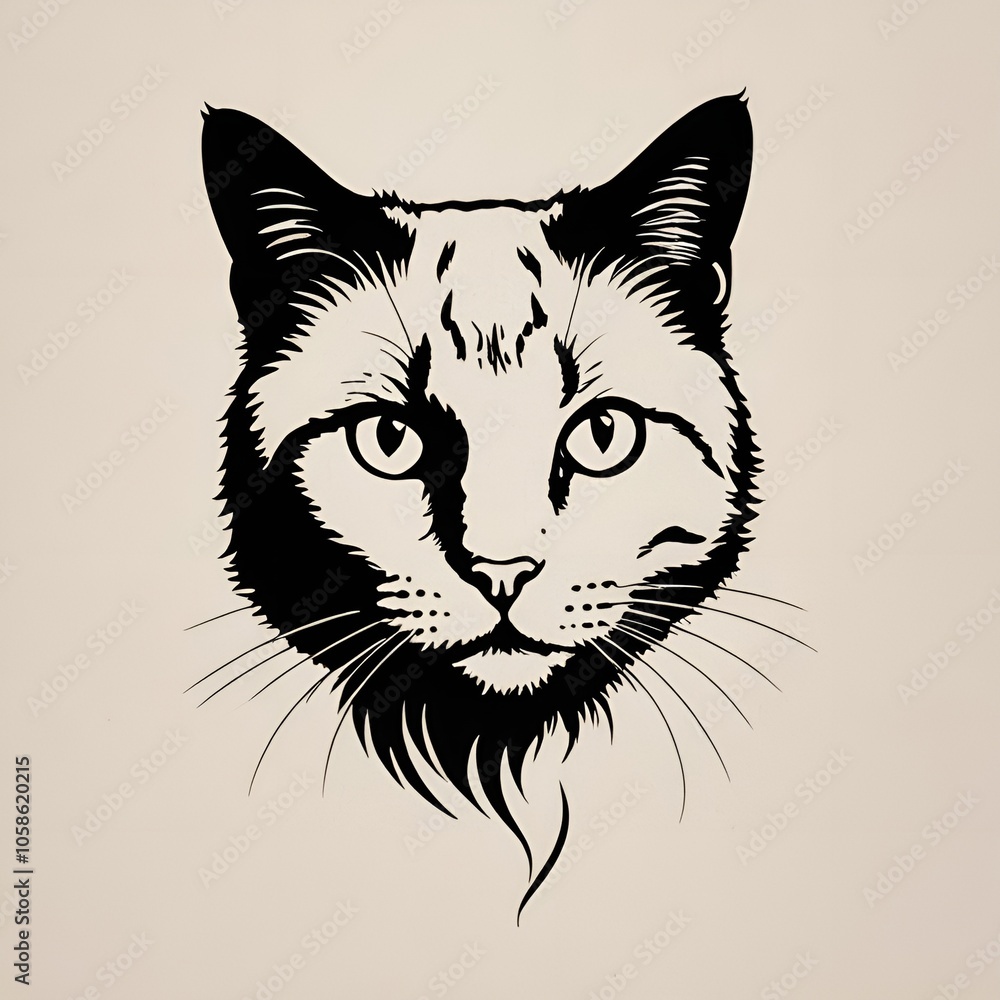 Stylized cat face illustration, black and white design, ideal for t-shirt prints and casual fashion Stylized cat face illustration, black and white design, ideal for t-shirt prints and casual fashion