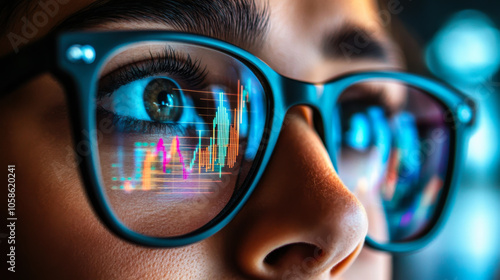 A close-up view of a person's eyes wearing glasses displaying vibrant financial market graphs and data analysis