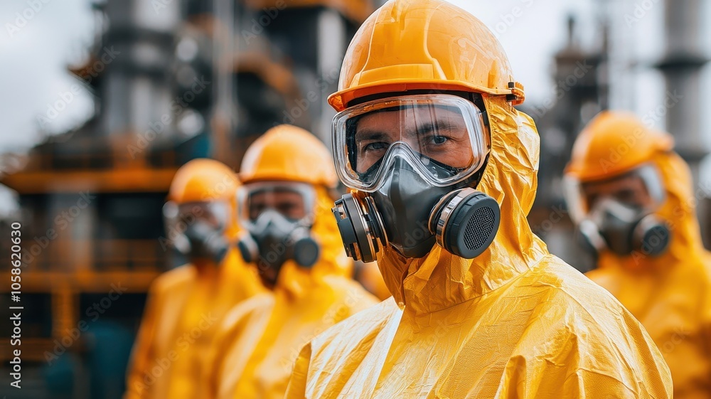 Workers in yellow protective gear and masks stand in an industrial setting, emphasizing safety and precaution in hazardous environments. Workers in yellow protective gear and masks stand in an industrial setting, emphasizing safety and precaution in hazardous environments.