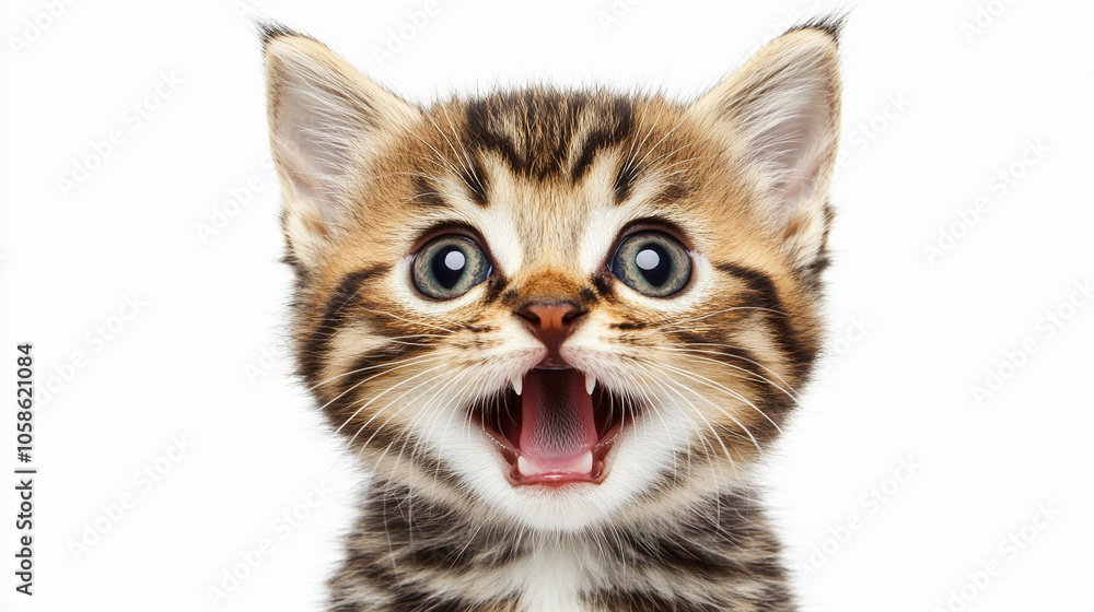 Playful tabby kitten with wide eyes and open mouth eagerly expressing excitement indoors Playful tabby kitten with wide eyes and open mouth eagerly expressing excitement indoors