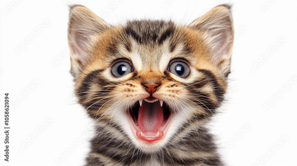 Cute tabby kitten with wide open mouth displaying excitement against a plain white background Cute tabby kitten with wide open mouth displaying excitement against a plain white background