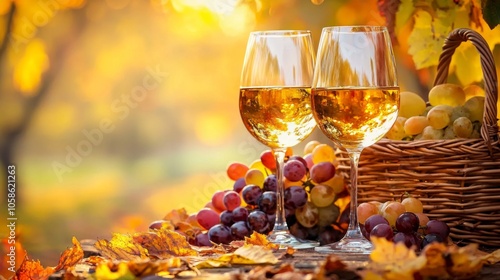 Autumn vineyard tasting with coffeeorange dessert wines and harvest baskets photo