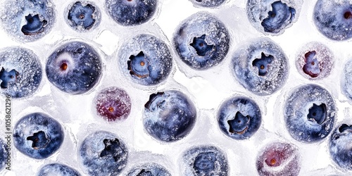 A detailed view of frozen blueberries set against a white backdrop captures their texture and color vividly, highlighting the frozen blueberries freshness and quality.