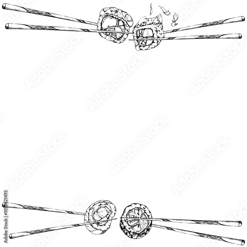 Japanese food sushi rolls on chopsticks with raw fish salmon unagi tuna shrimp, california philadelphia alaska, hand drawn in vector pen and ink. Lined frame for restaurant, cafe menu, recipe book