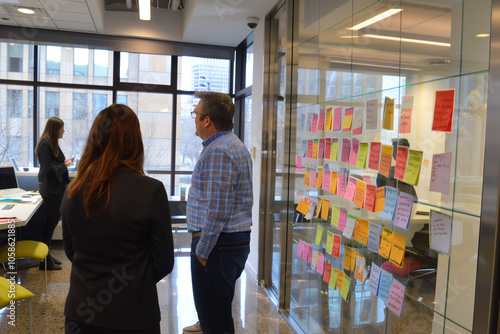 Creative team planning project using sticky notes on glass wall. Generative AI tools