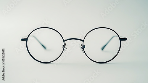 A pair of round, black-framed glasses resting against a light background.