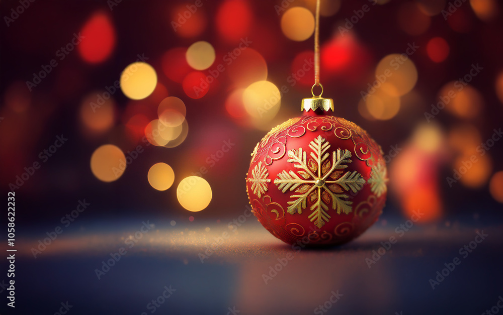 Fototapeta premium A single red Christmas ornament with a gold snowflake design hangs against a backdrop of warm bokeh lights.